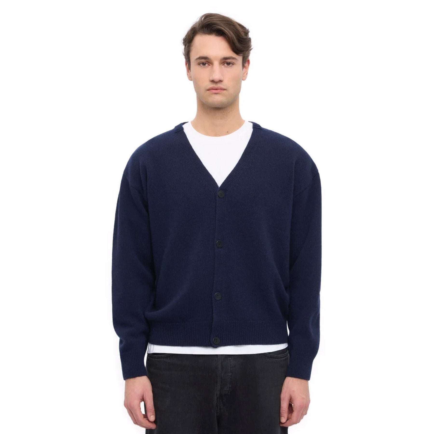 Merino Wool V-Neck Cardigan Navy Blue